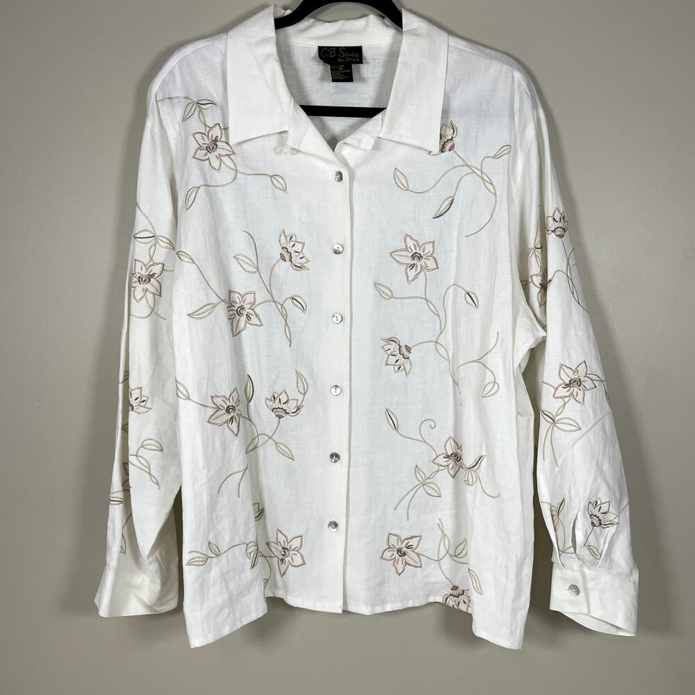 Vintage Art To Wear Minimalist 100% Linen Floral Embroidered XL Button Up‎ Tunic